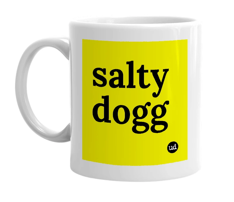 White mug with 'salty dogg' in bold black letters