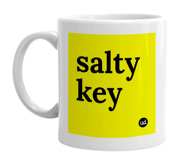 White mug with 'salty key' in bold black letters