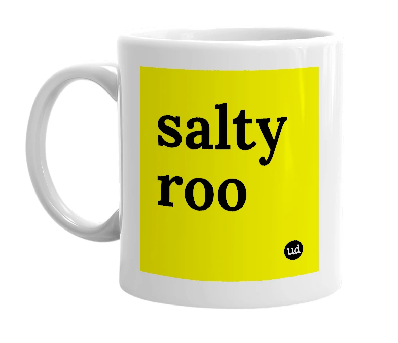 White mug with 'salty roo' in bold black letters