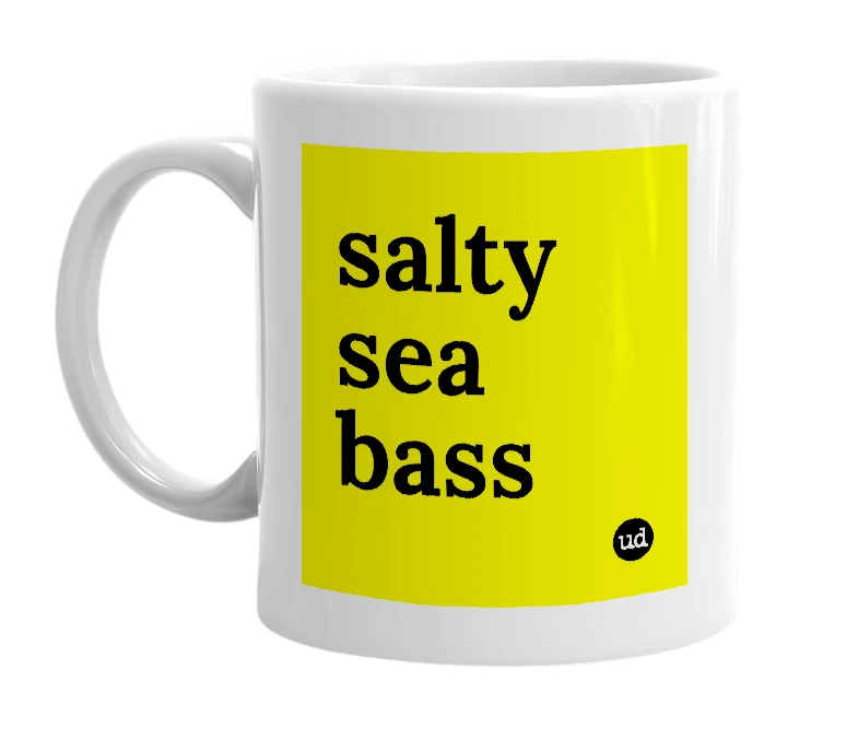 White mug with 'salty sea bass' in bold black letters