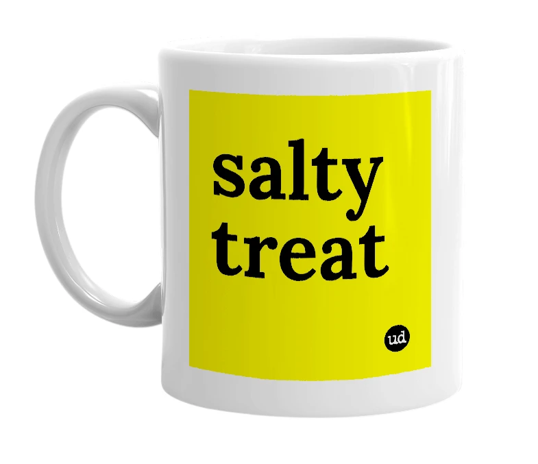 White mug with 'salty treat' in bold black letters