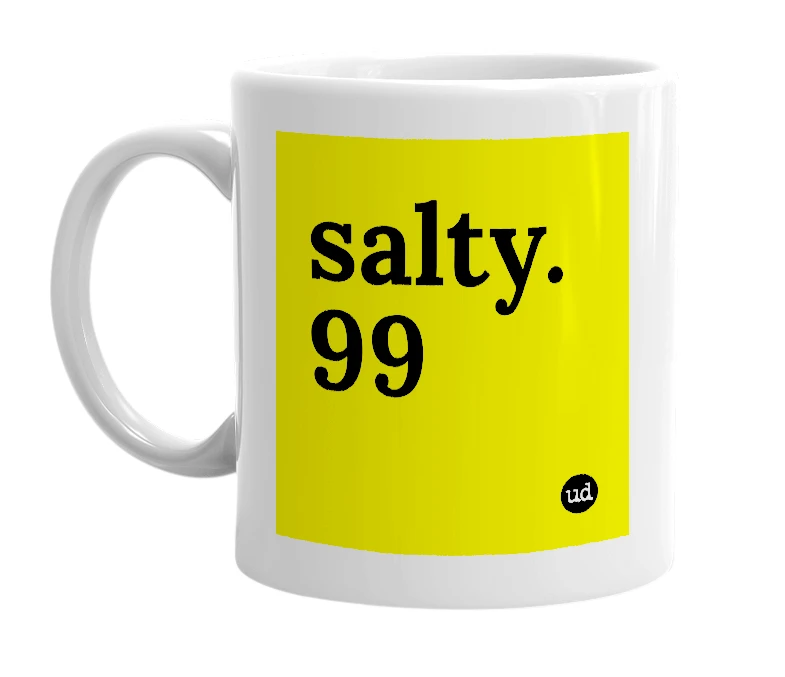 White mug with 'salty.99' in bold black letters
