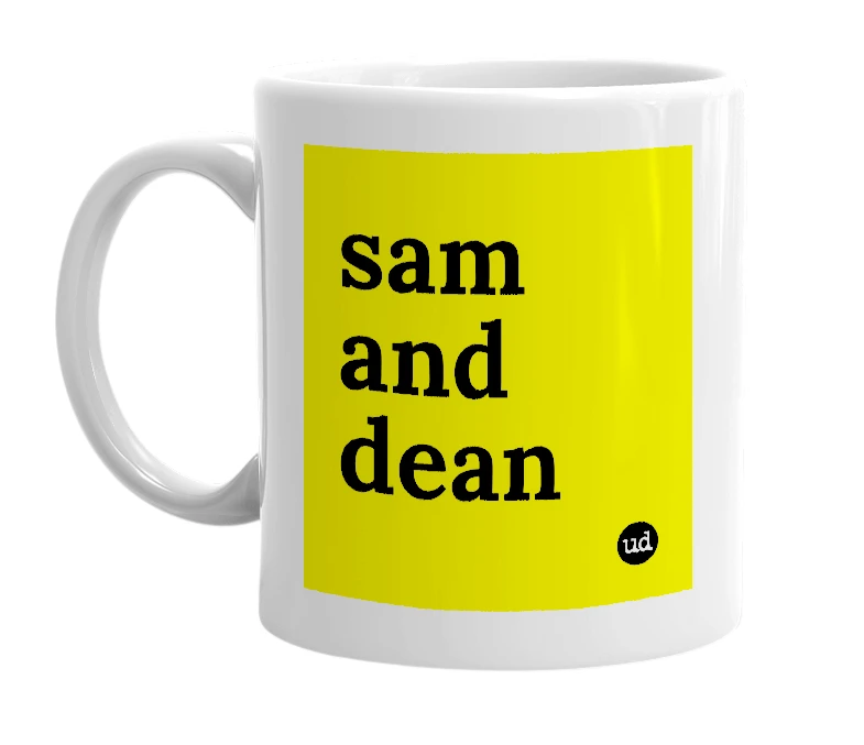White mug with 'sam and dean' in bold black letters