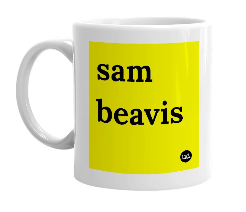White mug with 'sam beavis' in bold black letters