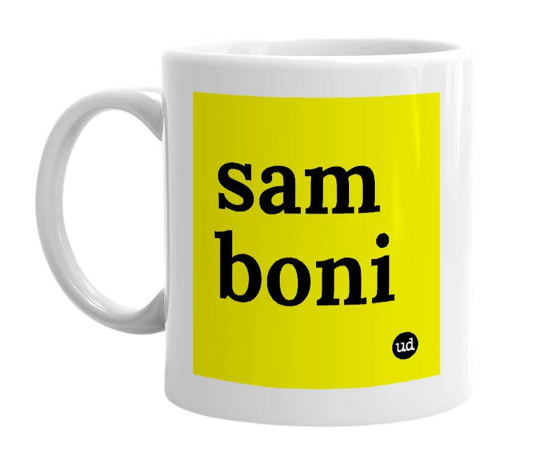 White mug with 'sam boni' in bold black letters