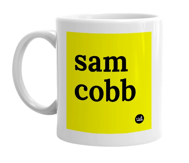 White mug with 'sam cobb' in bold black letters