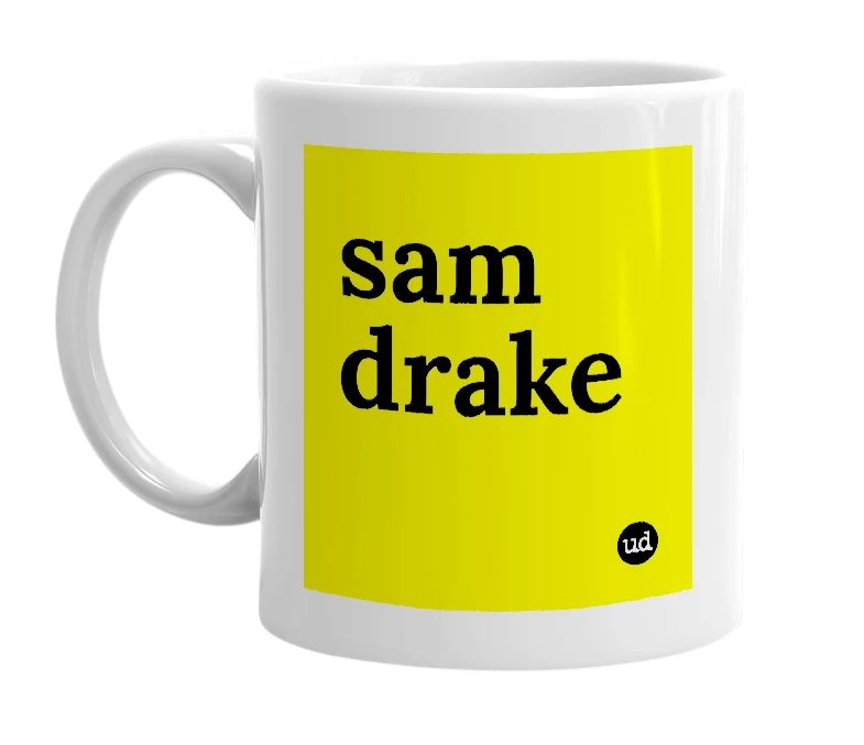 White mug with 'sam drake' in bold black letters