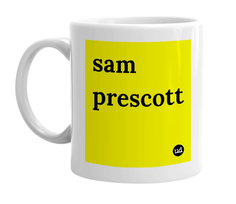 White mug with 'sam prescott' in bold black letters