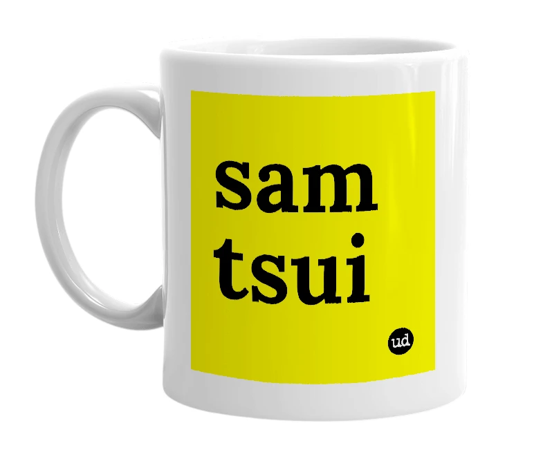 White mug with 'sam tsui' in bold black letters