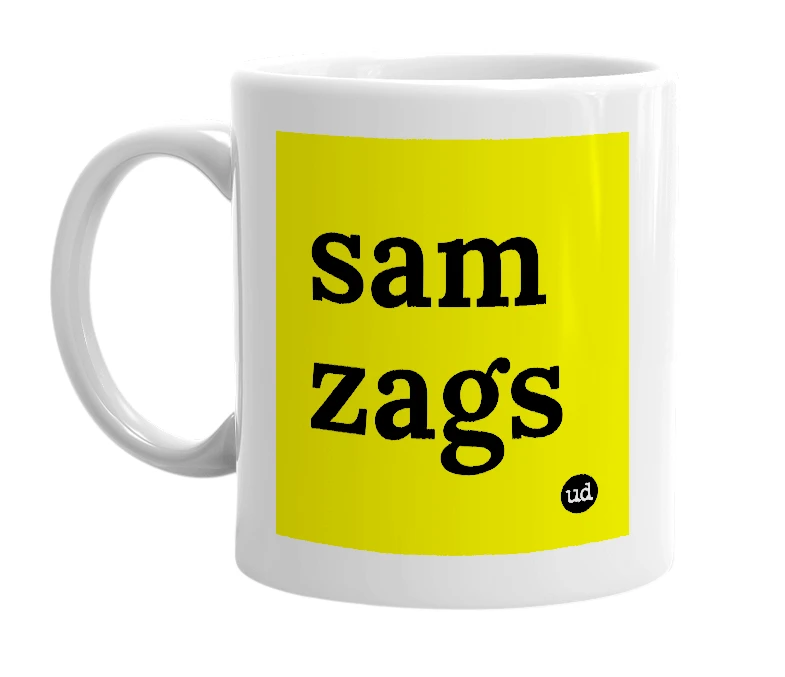 White mug with 'sam zags' in bold black letters