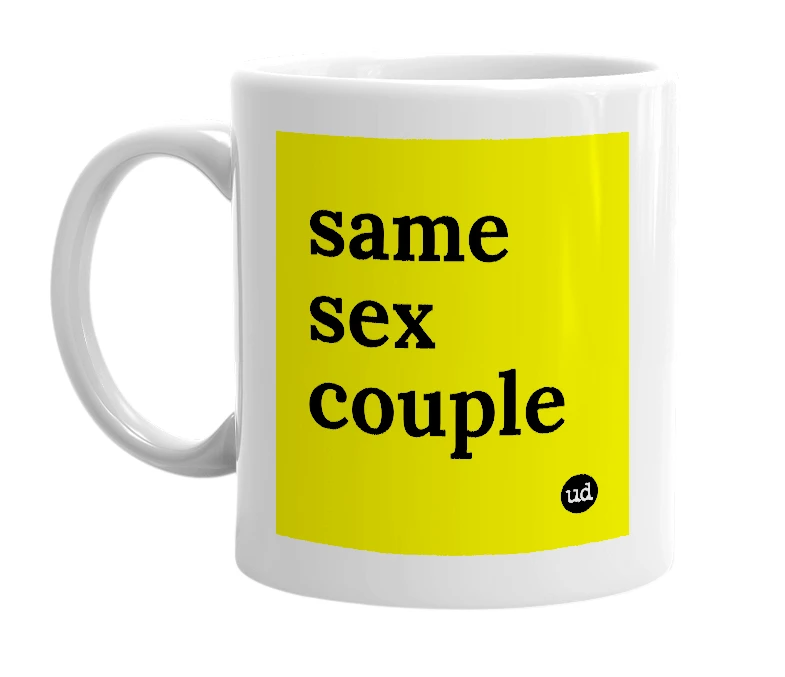 White mug with 'same sex couple' in bold black letters