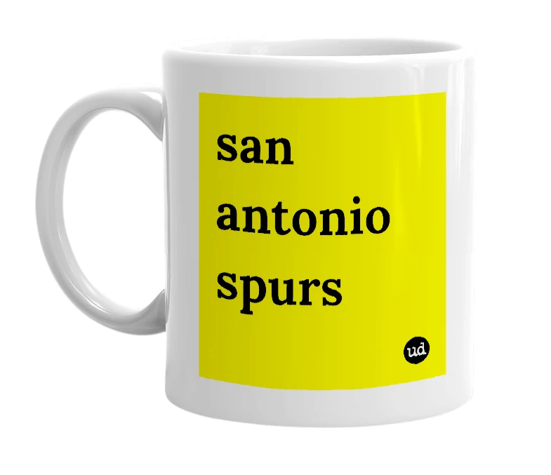 White mug with 'san antonio spurs' in bold black letters
