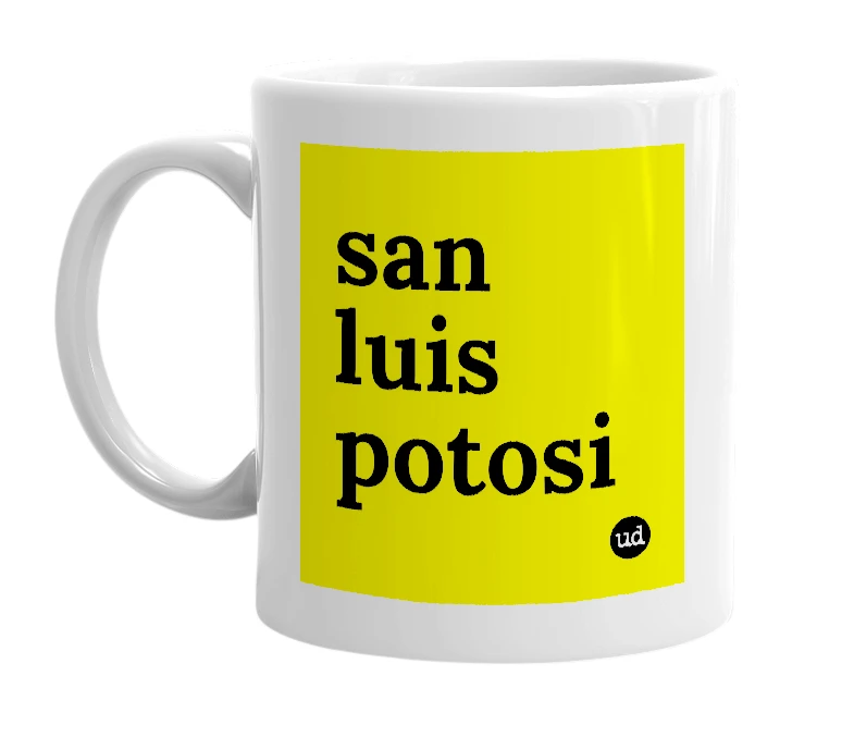 White mug with 'san luis potosi' in bold black letters