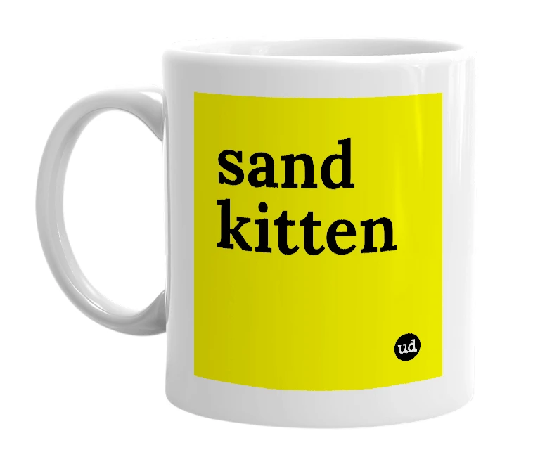 White mug with 'sand kitten' in bold black letters