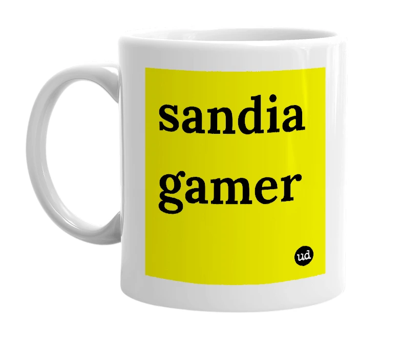 White mug with 'sandia gamer' in bold black letters