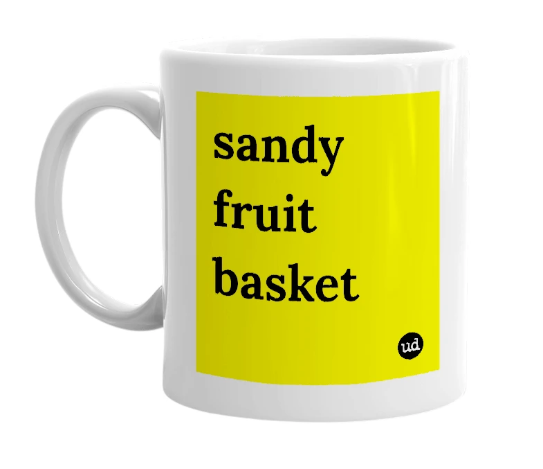White mug with 'sandy fruit basket' in bold black letters