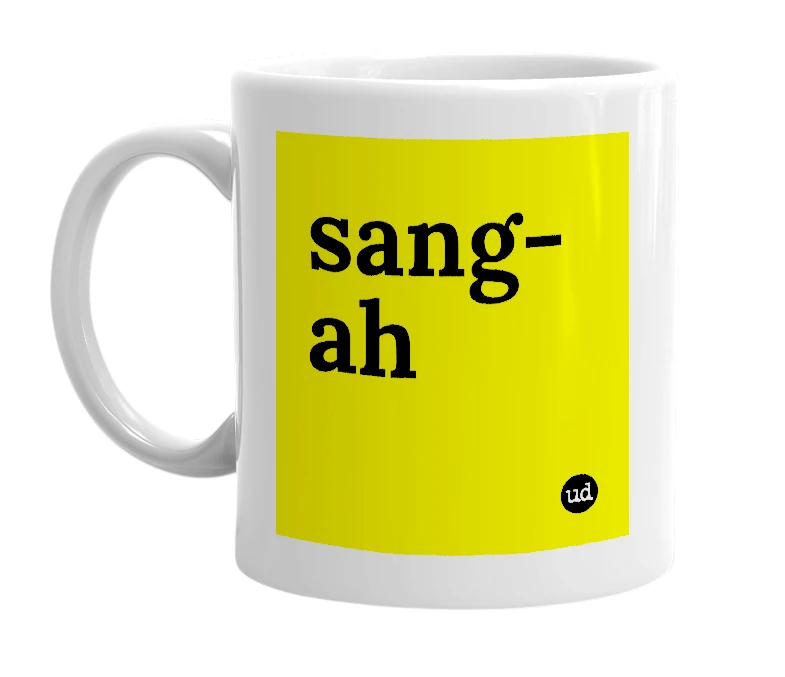 White mug with 'sang-ah' in bold black letters