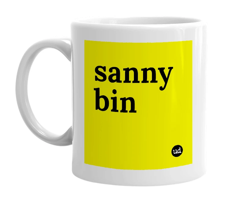 White mug with 'sanny bin' in bold black letters