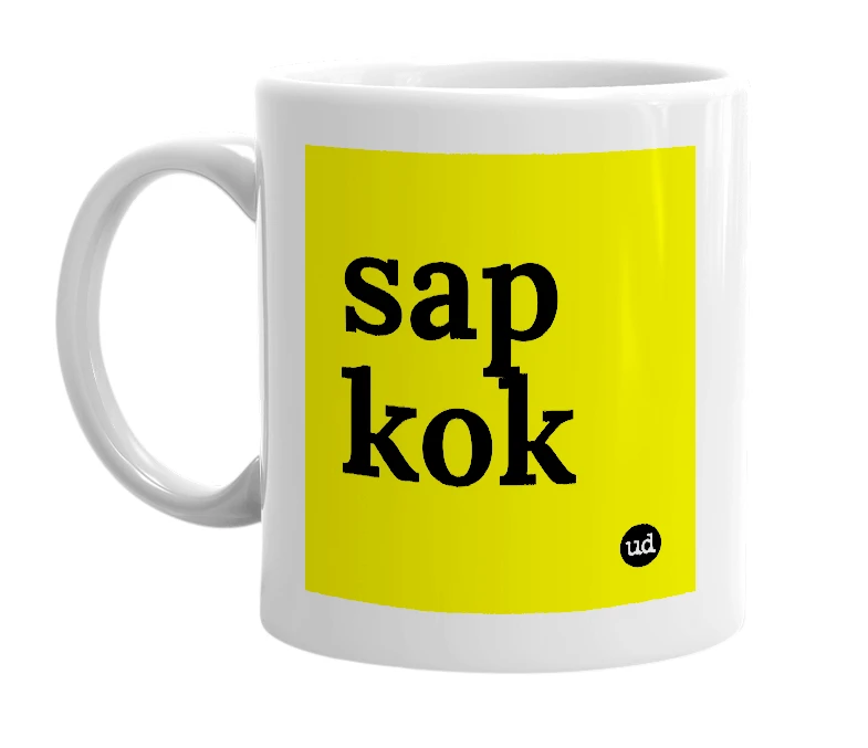 White mug with 'sap kok' in bold black letters