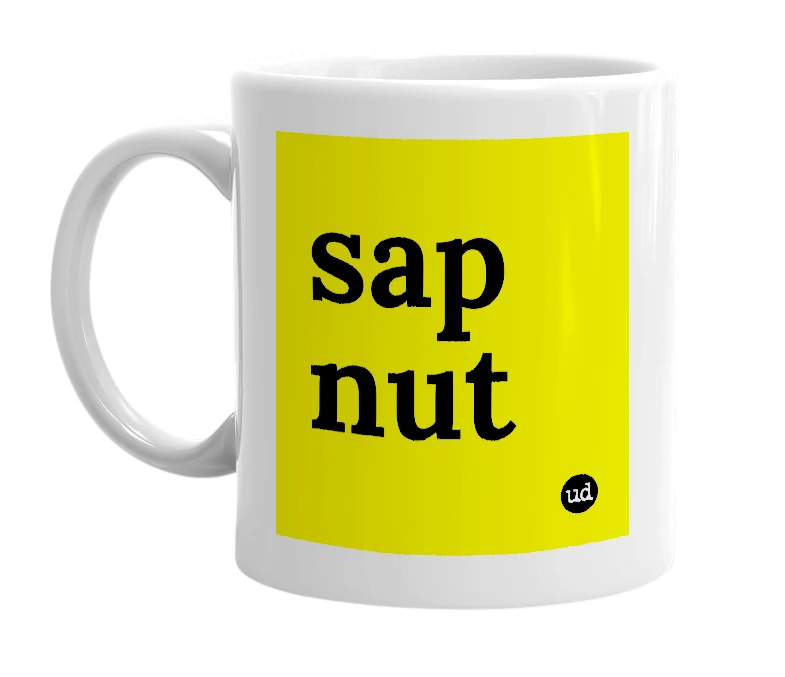 White mug with 'sap nut' in bold black letters