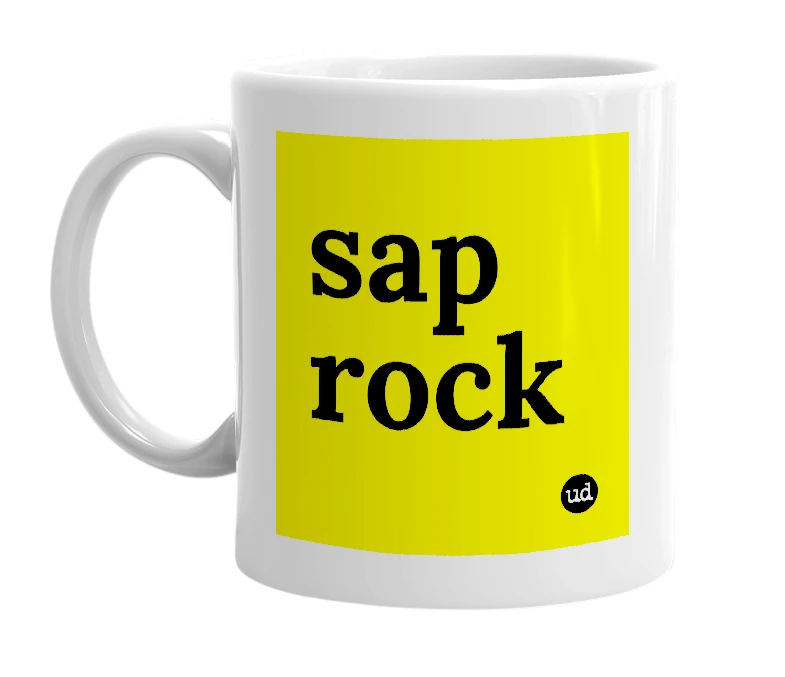 White mug with 'sap rock' in bold black letters