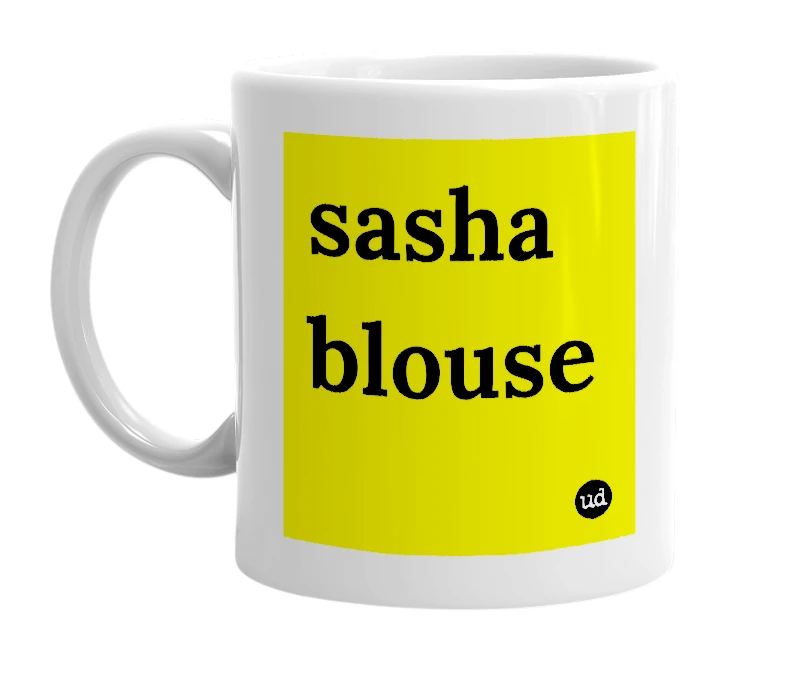 White mug with 'sasha blouse' in bold black letters