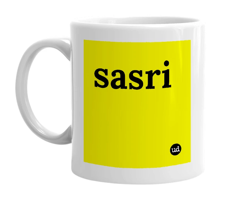 White mug with 'sasri' in bold black letters