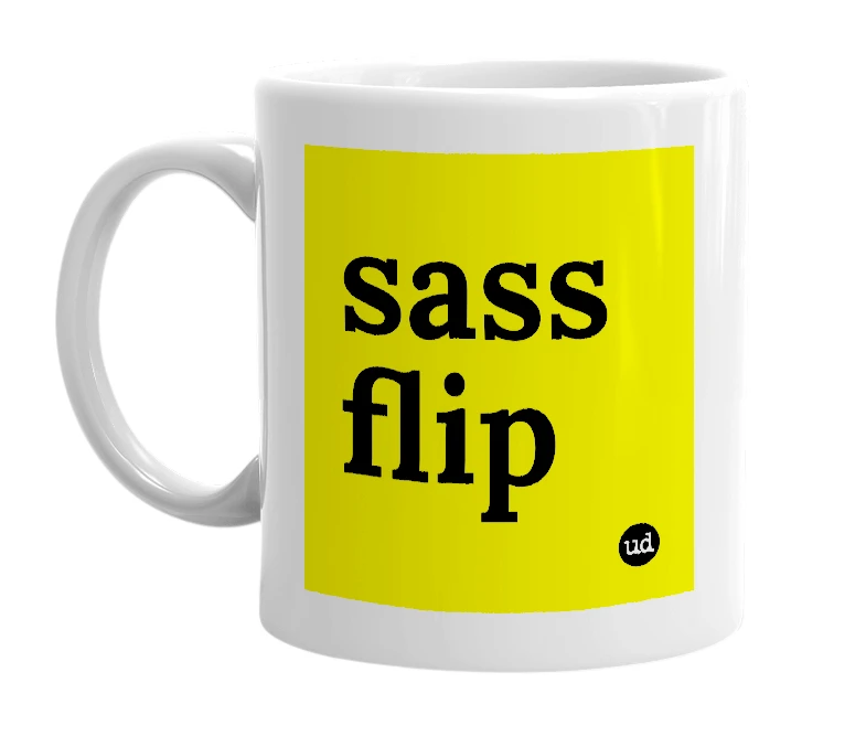 White mug with 'sass flip' in bold black letters
