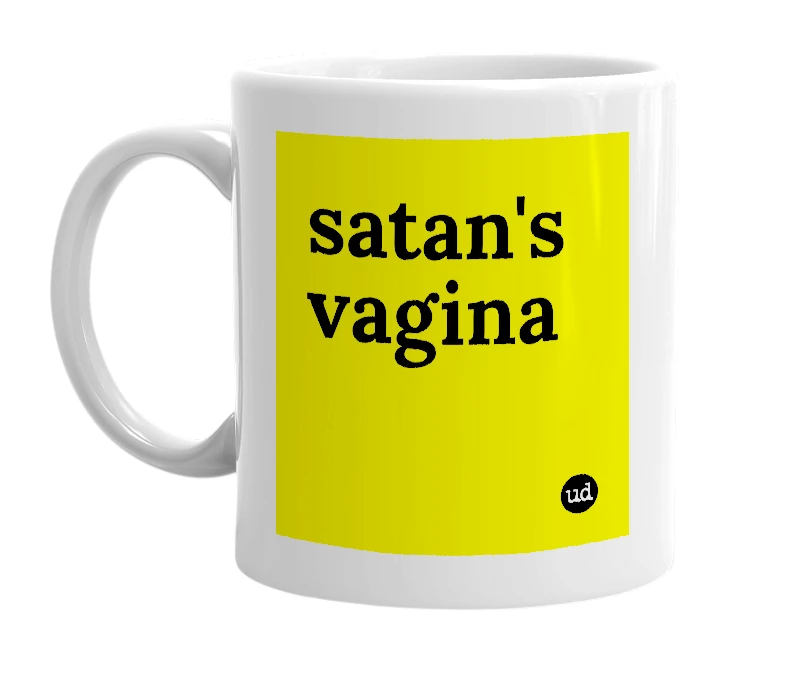 White mug with 'satan's vagina' in bold black letters