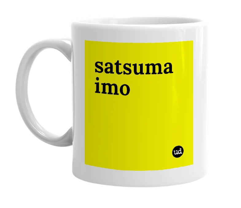 White mug with 'satsuma imo' in bold black letters