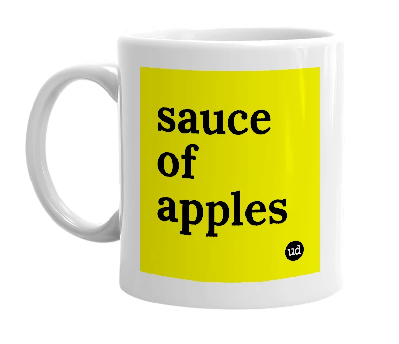 White mug with 'sauce of apples' in bold black letters