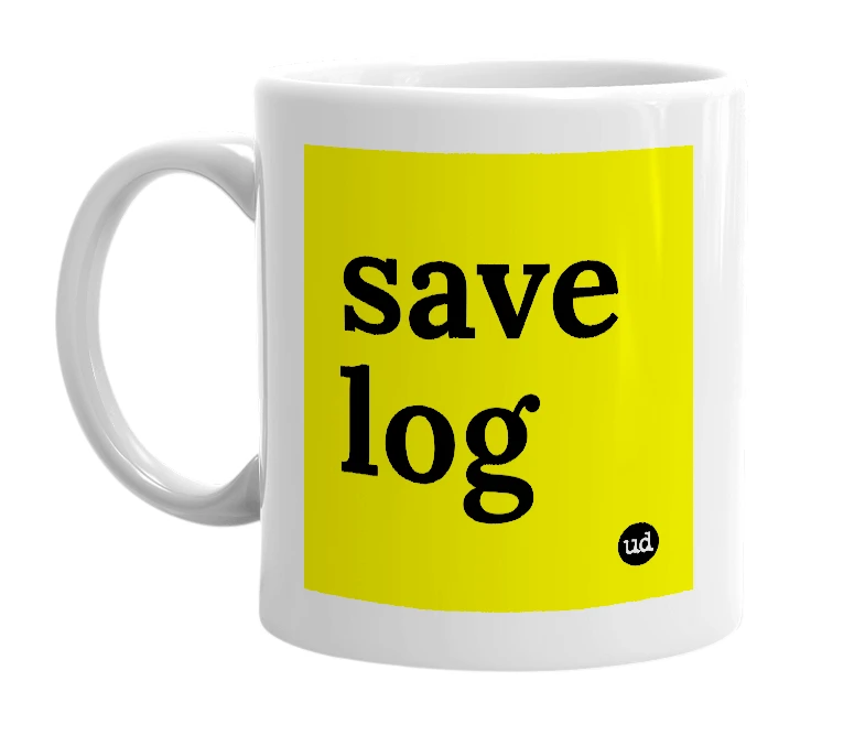White mug with 'save log' in bold black letters