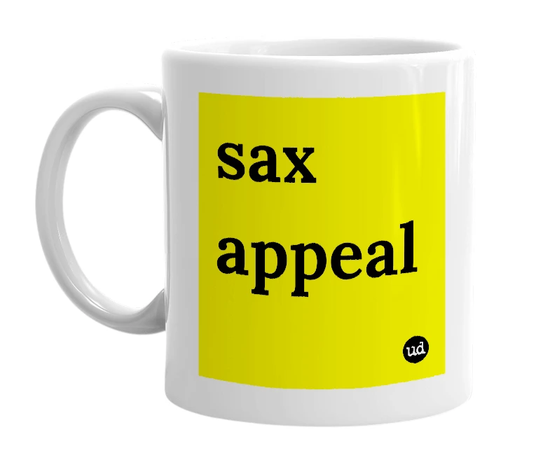 White mug with 'sax appeal' in bold black letters