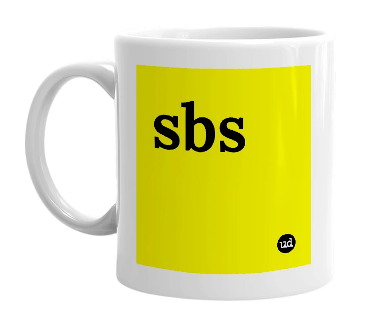 White mug with 'sbs' in bold black letters