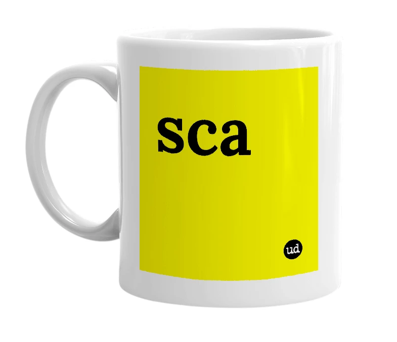 White mug with 'sca' in bold black letters