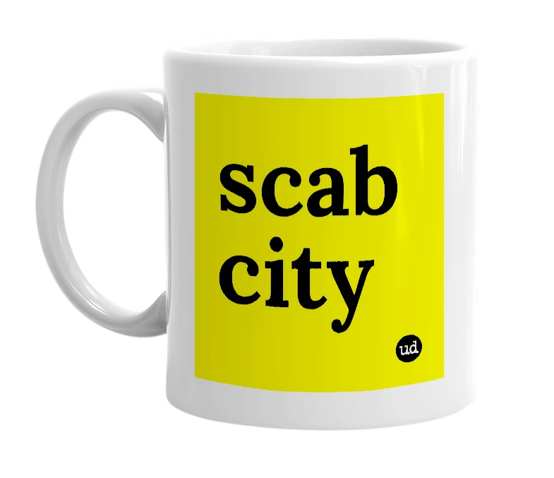 White mug with 'scab city' in bold black letters