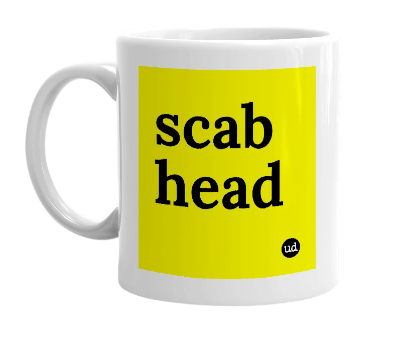 White mug with 'scab head' in bold black letters