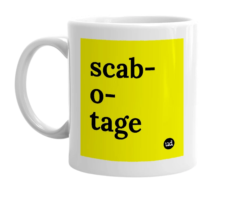 White mug with 'scab-o-tage' in bold black letters