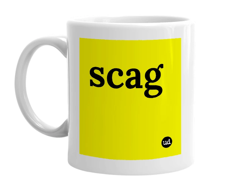 White mug with 'scag' in bold black letters