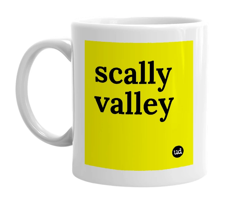 White mug with 'scally valley' in bold black letters