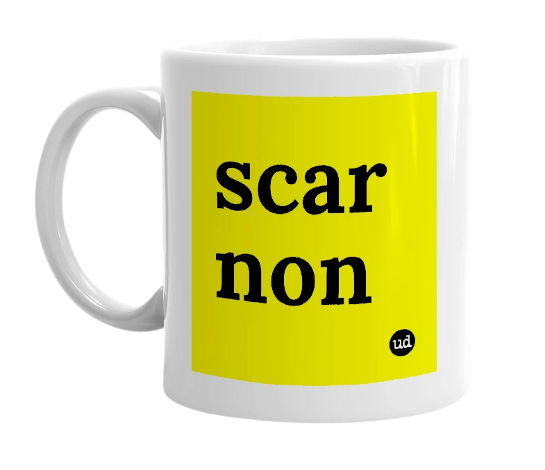White mug with 'scar non' in bold black letters