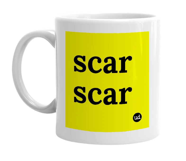 White mug with 'scar scar' in bold black letters