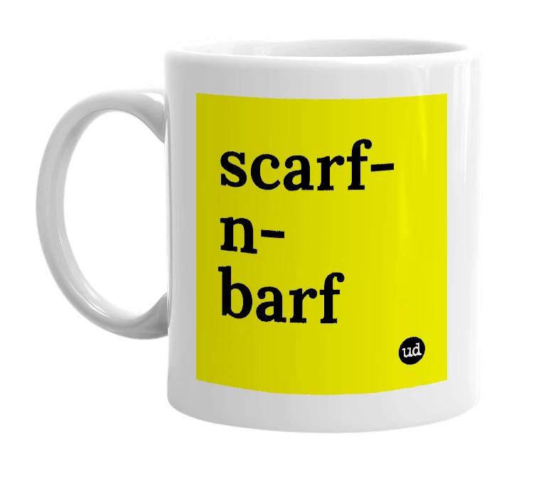 White mug with 'scarf-n-barf' in bold black letters