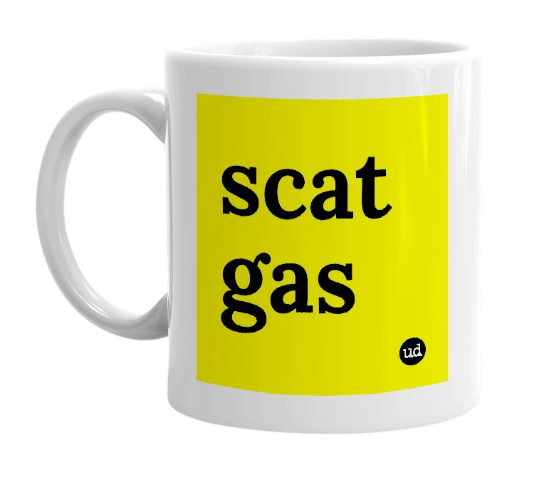 White mug with 'scat gas' in bold black letters