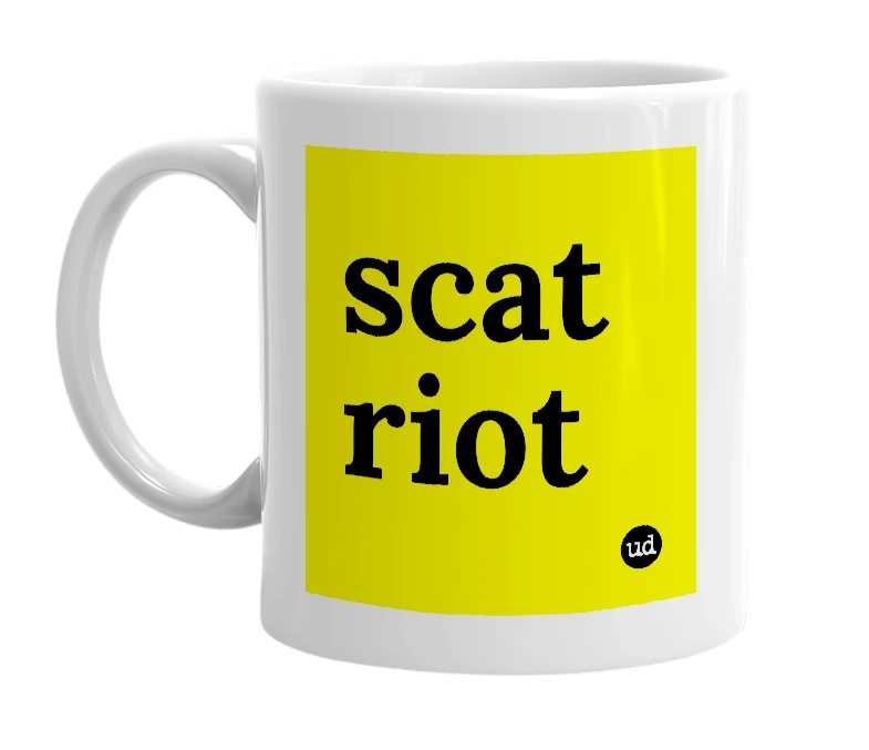 White mug with 'scat riot' in bold black letters