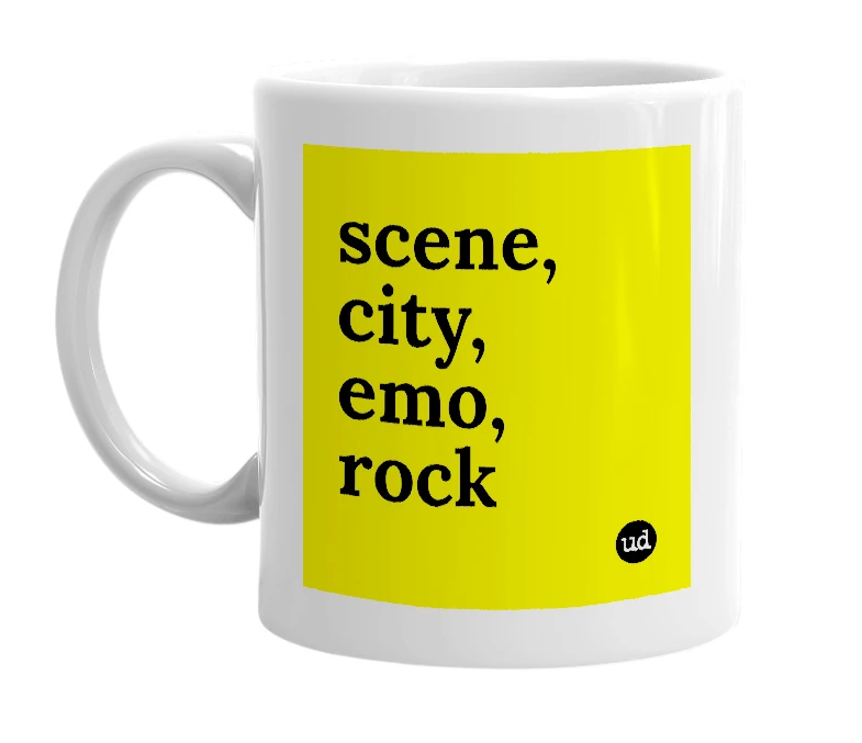 White mug with 'scene, city, emo, rock' in bold black letters
