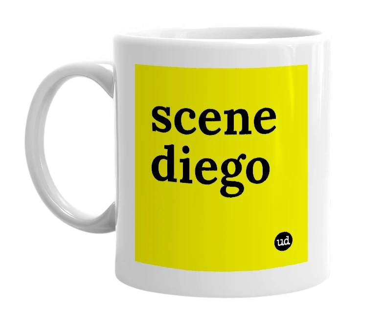 White mug with 'scene diego' in bold black letters