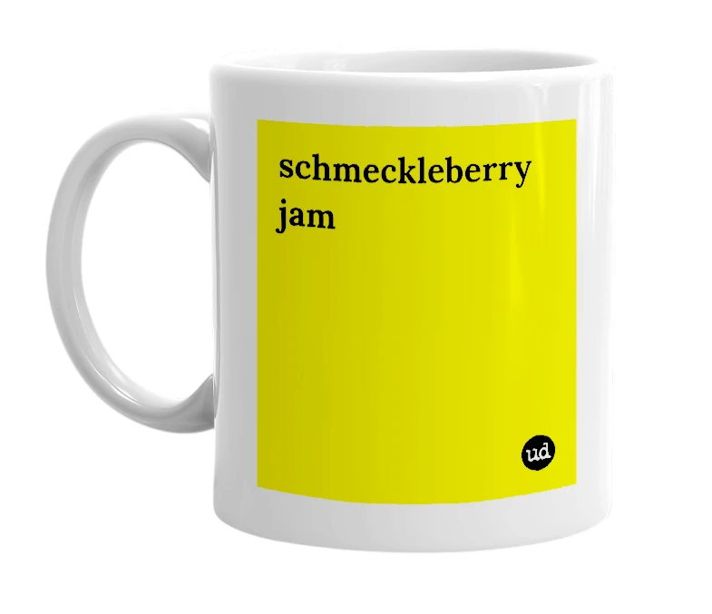 White mug with 'schmeckleberry jam' in bold black letters