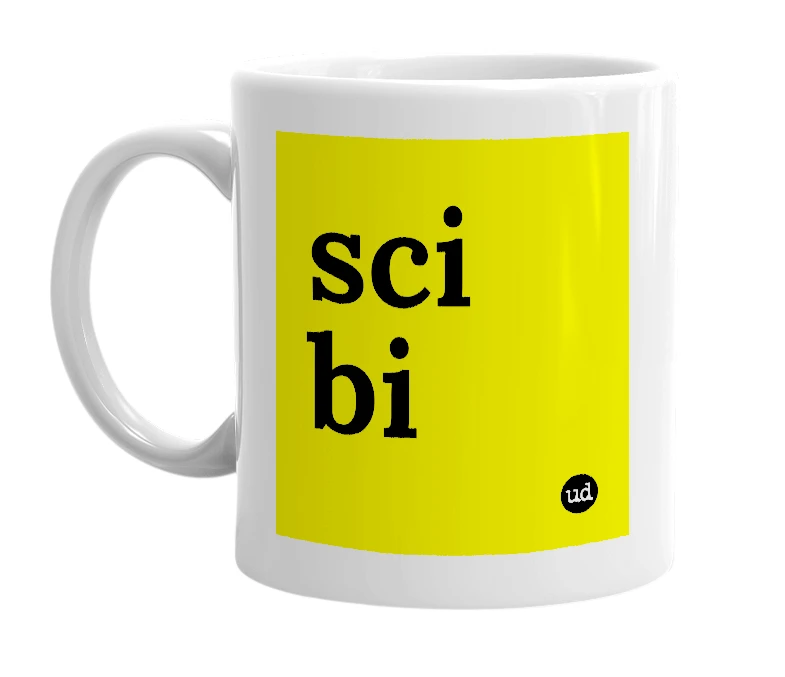 White mug with 'sci bi' in bold black letters