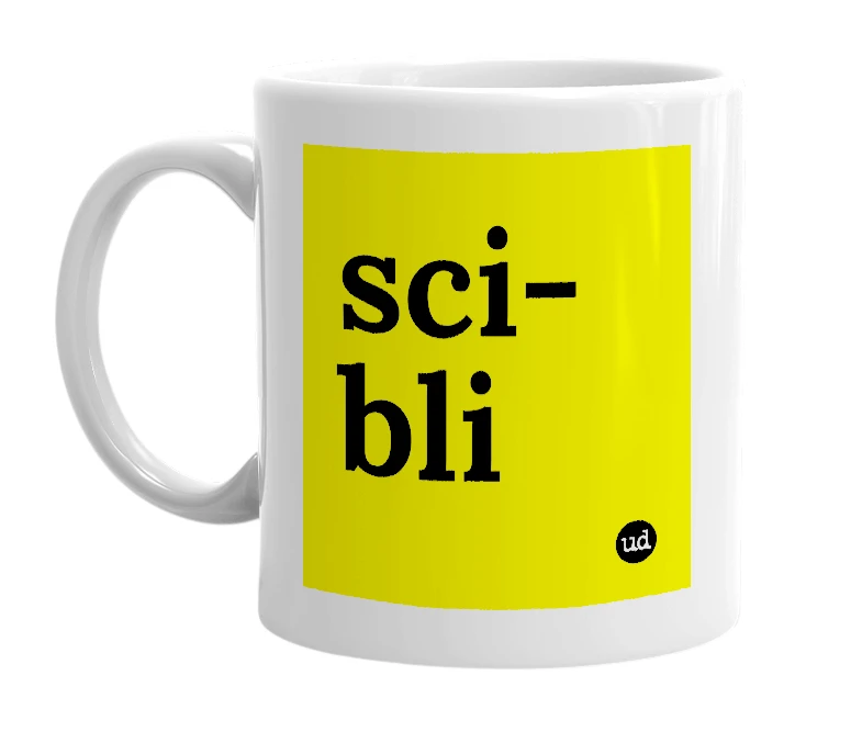 White mug with 'sci-bli' in bold black letters